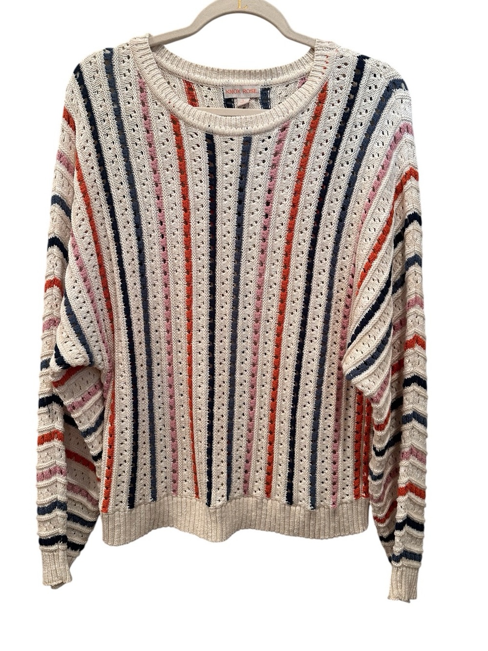 Knox Rose Cream Striped Open-Knit Crewneck Sweater Cotton Layer Sz L